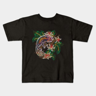 PSYCHEDELIC TRIPPY HORROR VACUI ANIMAL CHAMELEON ON BRANCH - linework Kids T-Shirt